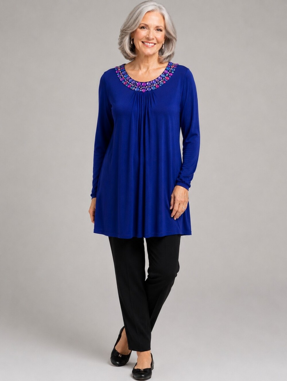 🔆 Blue Glitterscape Embellished Royal Blue Tunic Top - Size: L - Vintage